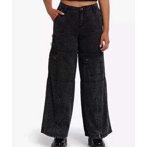 Hot Topic Black Acid Wash Hardware Zipper Wide Leg Jeans Size 7/29 Nwot Punk